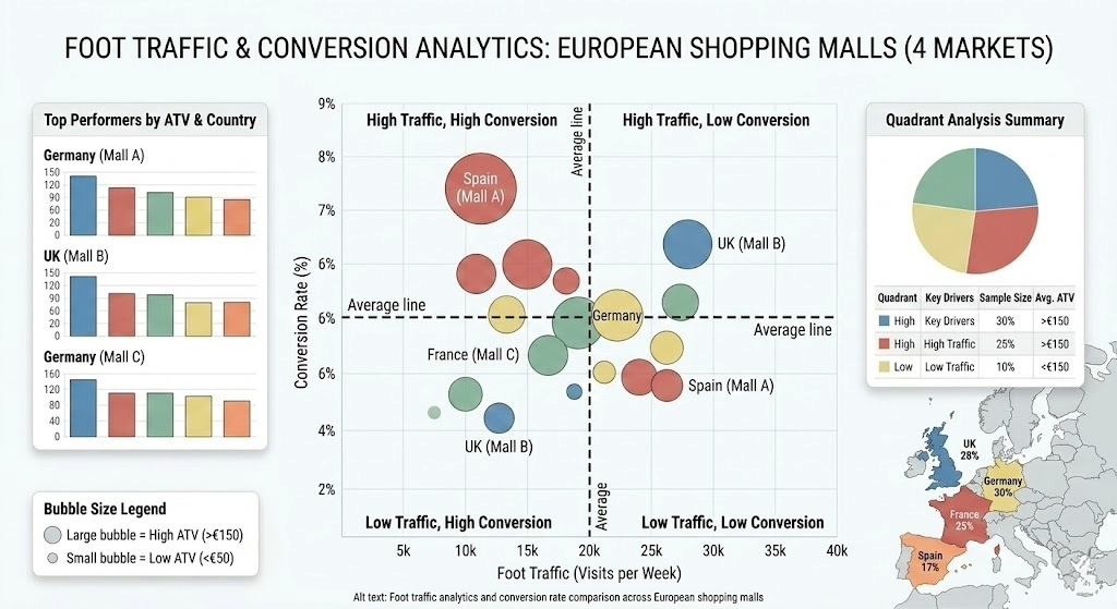 Hourly foot traffic patterns in European shopping centers by country
