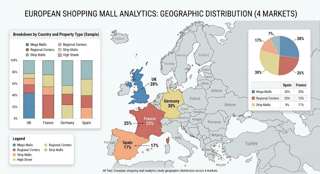 European shopping mall analytics study geographic distribution across 4 markets