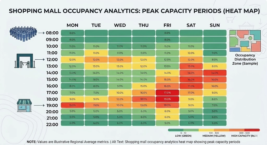 Shopping mall occupancy analytics heat map showing peak capacity periods